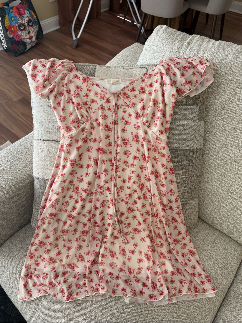 T.J.Maxx Cream Dress with Pink Floral Print and Ruffle Sleeves